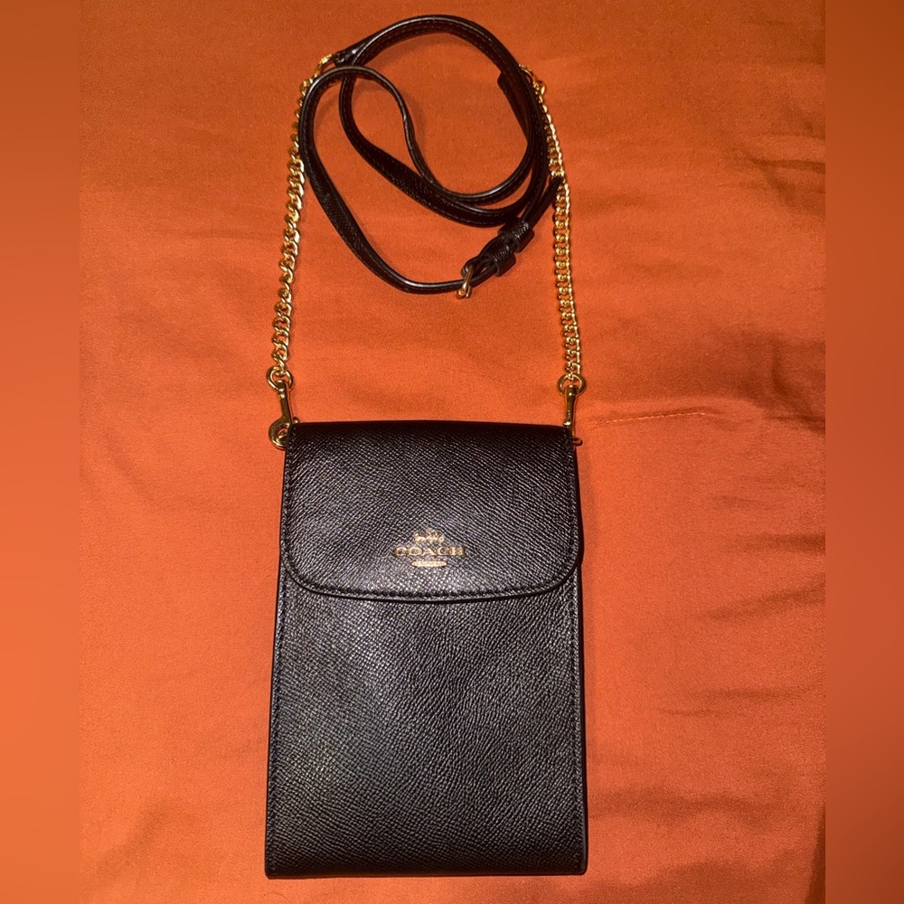 Coach Black Leather Phone Crossbody Bag | Gold Chain Strap | EUC